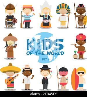 Bambini del mondo illustrazione vettoriale: Nazionalità set 3. Set di 12 personaggi vestiti in diversi costumi nazionali (Svezia, Italia, Olanda, Egitto Illustrazione Vettoriale