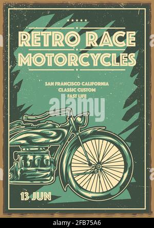 T-shirt o poster con illustrazione della moto classica Illustrazione Vettoriale