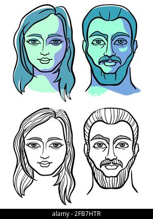 Facce maschili e femminili di aspetto scandinavo. Due opzioni: Grafica in bianco e nero e colore nello stile di Suprematismo. Illustrazione Vettoriale