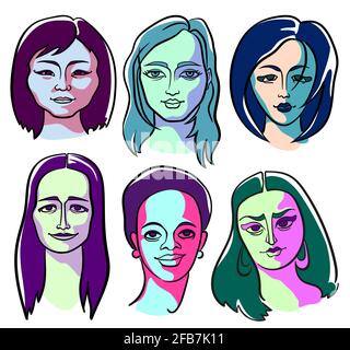 Sei facce femminili di diversi tipi di aspetto: Indigene africane, asiatiche, nordiche, arabe, scandinave e americane. Ritratti a colori Illustrazione Vettoriale