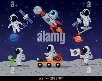 Astronauti caratteri vettoriali impostati in stile cartoon piano. Cartoni animati astronauti, astronauta di personaggi, astronauta di persona, illustrazione di un uomo spaziale Illustrazione Vettoriale