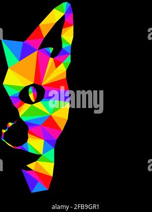 Mosaico di grave museruola di gatto in colori luminosi isolati su sfondo nero, decorazione su vetro Illustrazione Vettoriale