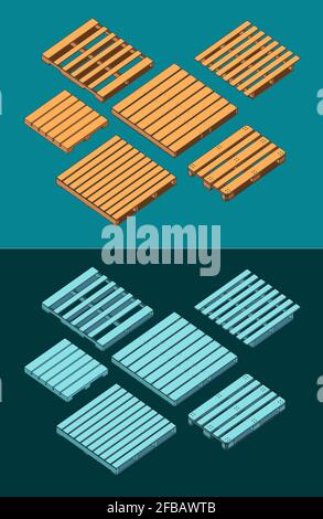 Illustrazione vettoriale stilizzata di disegni isometrici di pallet Illustrazione Vettoriale