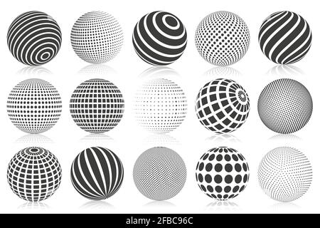 Sfera 3d a mezzitoni punteggiata. Sfere 3d a righe, punteggiate e a scacchi, sfere astratte. Simboli vettoriali isolati sferici di mezzi toni minimalisti Illustrazione Vettoriale