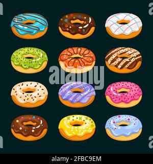 Donut torta cartoni animati icone. Illustrazione vettoriale delle ciambelle assortite al cioccolato. La prima colazione non serve una deliziosa ciambella fresca Illustrazione Vettoriale