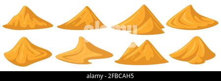 Pali di sabbia. Mucchio sabbioso giallo, mucchi di materiali da costruzione, cumuli di materiali da costruzione sfusi. Set di illustrazioni vettoriali per montaggi sabbiosi Illustrazione Vettoriale