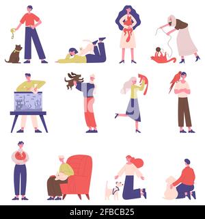 Proprietari di animali domestici. Persone con animali domestici, gatto, cane, pesce e uccello, uomini e donne giocare, camminare e abbracci animali domestici illustrazione insieme vettoriale. Vita quotidiana del proprietario dell'animale domestico Illustrazione Vettoriale