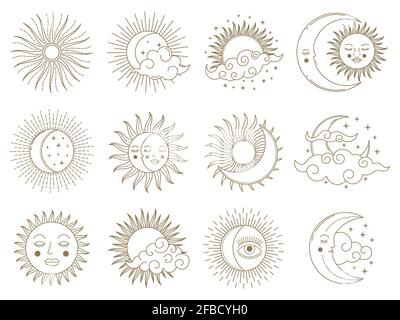Luna magica e sole. Elementi astrologici del boho d'oro, sole, luna, stelle e nuvole insieme di illustrazioni vettoriali. Simboli mistici di astrologia giorno e notte Illustrazione Vettoriale