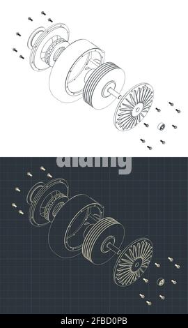 Illustrazione vettoriale stilizzata dei progetti isometrici della pompa turbo smontata Illustrazione Vettoriale