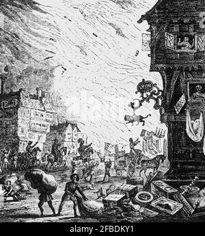 Una scena dal Grande incendio di Londra, una grande conflagrazione che ha attraversato le parti centrali di Londra da domenica 2 settembre a giovedì 6 settembre 1666. Il fuoco ha fatto scoppiare la città medievale di Londra all'interno delle antiche mura romane della città. Ha distrutto 13,200 case, 87 chiese parrocchiali, la Cattedrale di San Paolo e la maggior parte degli edifici delle autorità della città. Foto Stock