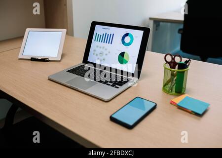 Computer portatile con smartphone e tablet digitale su scrivania in legno in ufficio Foto Stock