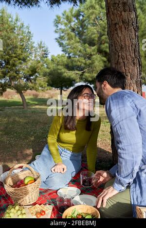 Coppia allegra che si diverte durante il picnic nel parco Foto Stock