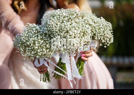 Bouquet di bridesmaid che tengono bouquet nel centro Foto Stock