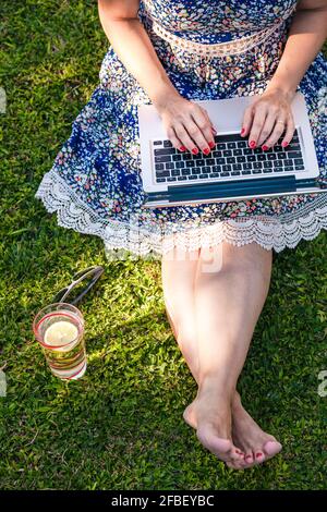 Donna mid adult che usa il laptop mentre si siede sull'erba durante giorno di sole Foto Stock