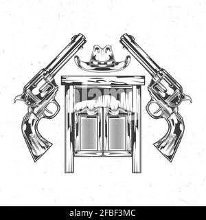 Emblema isolato con illustrazione di saloon, cappello e pistole Illustrazione Vettoriale