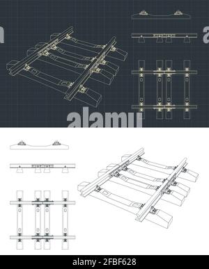 Illustrazione vettoriale stilizzata sul tema del trasporto ferroviario. Disegni dei binari ferroviari Illustrazione Vettoriale