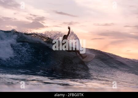Surf turistico sulle onde in mare durante il tramonto Foto Stock
