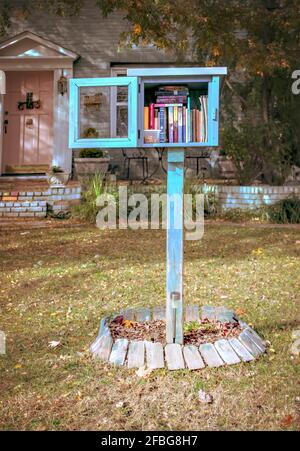 Libreria fatta in casa di scatole di libri nel cortile di font di casa residenziale aperto e pieno di libri con un contenitore di plastica di cane tratta con casa e albero d'autunno b Foto Stock