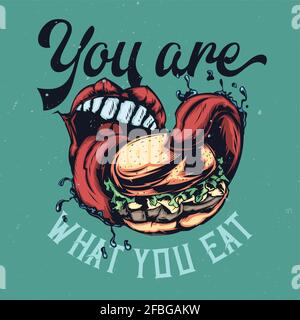 T-shirt o poster con illustrazione di grande bocca mangiare hamburger grande Illustrazione Vettoriale