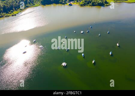 Vista aerea sulle barche a vela sul lago Starnberg, Baviera, Germania Foto Stock