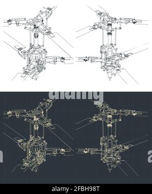 Illustrazioni vettoriali stilizzate del meccanismo del rotore coassiale principale dell'elicottero disegni Illustrazione Vettoriale