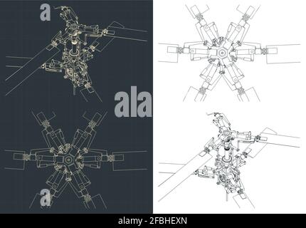 Illustrazioni vettoriali stilizzate del meccanismo del rotore coassiale principale dell'elicottero disegni Illustrazione Vettoriale