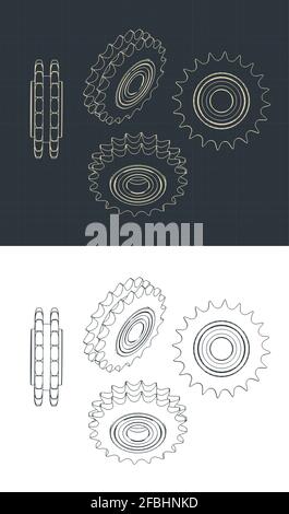 Illustrazione vettoriale stilizzata dei disegni dei pignoni a doppia catena Illustrazione Vettoriale