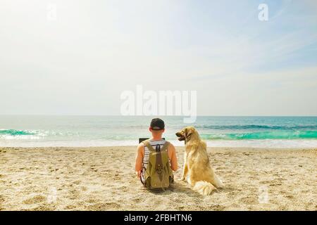 Vista posteriore dell'uomo e del suo cane seduto in spiaggia guardando le onde dell'oceano, giorno di sole chiaro. Programmatore FIT freelance maschio che lavora su computer portatile in mare w Foto Stock