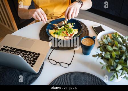 Uomo d'affari che ha omelete e verdure mentre si siede con il portatile a. tavolo a casa Foto Stock