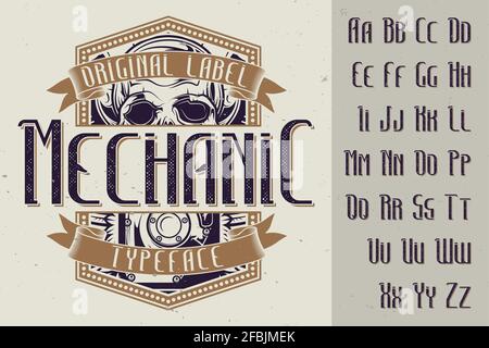 Il carattere originale dell'etichetta chiamato 'Mechanic'. Buona da utilizzare in qualsiasi design di etichette. Illustrazione Vettoriale