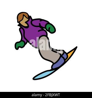 Snowboard cartoon caratteri uno andando a sinistra l'altro diritto in una linea nera un grafico piatto stile di colore Illustrazione Vettoriale