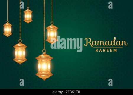 Ramadan kareem di lusso con decorazioni realistiche in lanterna 3d. Sfondo islamico adatto per Ramadan, Eid al Adha, Eid al Fitr. Illustrazione Vettoriale