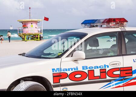 Miami Beach Florida, Oceano Atlantico riva, polizia polizia polizia auto bagnino stazione spiaggia pubblica, Foto Stock