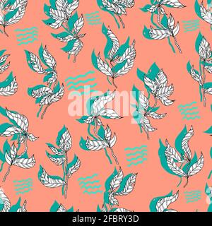 foglie su ramoscelli di legno vettoriale senza giunture bianco e verde con ombra su blu Foto Stock