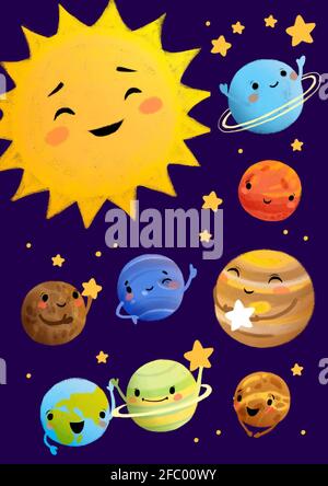 Carino poster del sistema solare su sfondo scuro. Insieme di pianeti disegnati a mano illustrazione Foto Stock