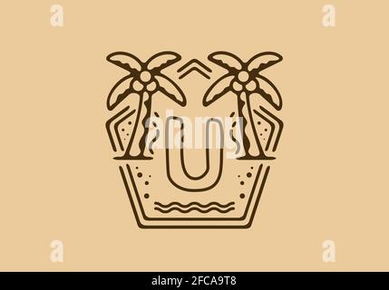 Colore marrone chiaro e scuro del nome iniziale U in design della cornice a tema della spiaggia Illustrazione Vettoriale