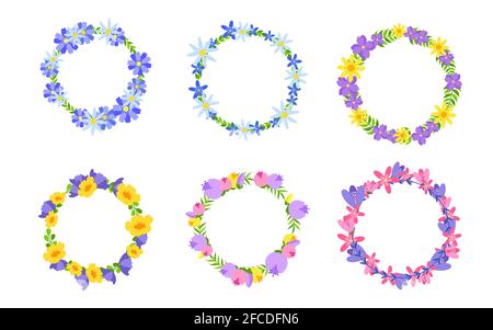 Set di telai di guaine. Foglie verdi con fiori. Colorati grappoli estivi in stile cartoon piano. Splendido elemento di design per biglietti di auguri o di nozze. Elegante pianta floreale. Illustrazione vettoriale isolata Illustrazione Vettoriale