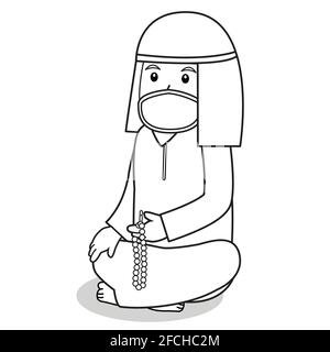 L'uomo musulmano usa il vestito bianco musulmano tradizionale. Tenendo tasbih e pregando nel mese di ramadan, usando la maschera e il protocollo sano. Illustrat del carattere del vettore Illustrazione Vettoriale
