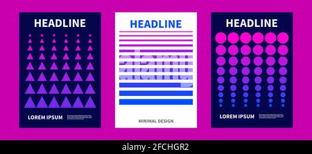 Set di poster geometrici astratti. Modelli per copertina, opuscolo. Sfondi con forme dinamiche geometriche, cerchi, linee, triangoli Illustrazione Vettoriale