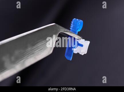 Primo piano dello strumento in acciaio inox che tiene la staffa ortodontica con la fascia elastica in gomma. Utensili dentali per il fissaggio dei rinforzi ai denti. Concetto di odontoiatria, strumenti medici e ortodonzia. Foto Stock