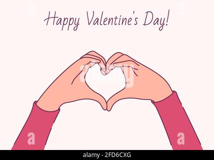 Buon giorno di San Valentino, concetto d'amore. Mani femminili sotto forma di cuore Illustrazione Vettoriale