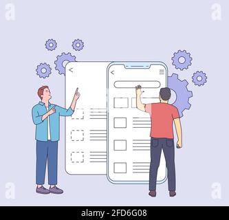 Sviluppo, prototipazione, test di un concetto di interfaccia disassemblata ux grafica utente mobile. Usabilità testare lo schermo mobile con persone uomo. Sviluppo Illustrazione Vettoriale