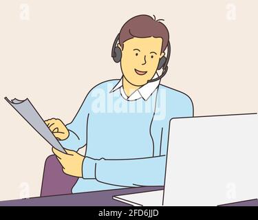 Call center, help, concetto di comunicazione aziendale. Operatore di consulenti di giovani uomini con cuffie che supportano il cliente online con il computer portatile. Illustrazione Vettoriale