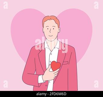 Storia d'amore o concetto di giorno di San Valentino. Bell'uomo allegro e divertente con giacca e camicia bianca con forma rossa a cuore grande. Illustrazione Vettoriale