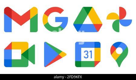 Vinnytsia, Ucraina - 23 aprile 2021: Insieme dei più popolari prodotti di servizi di Google. Gmail, Ricerca, disco, Foto, Google Meet, Google Play, Calendario e. Illustrazione Vettoriale