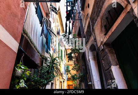 Vernazza, Liguria, Italia. Giugno 2021. Nei vicoli secondari, i vestiti appesi a piante secche e in vaso caratterizzano il villaggio. Giorno di sole. Foto Stock
