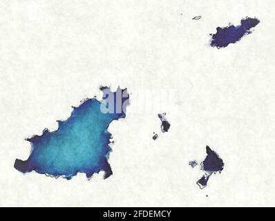 Mappa di Guernsey con linee tracciate e illustrazione blu dell'acquerello Foto Stock