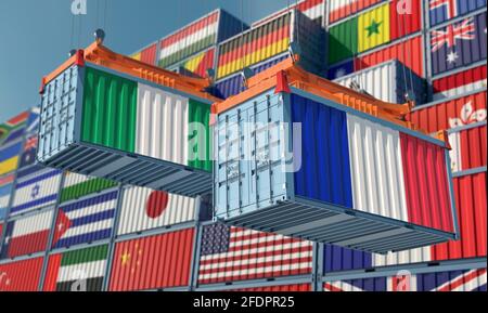 Container con bandiere nazionali nigeriane e francesi. Rendering 3D Foto Stock