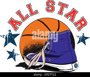 palla da basket con una scarpa a stella davanti e tutte le scritte a stella. Illustrazione Vettoriale