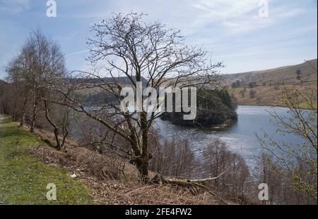 Sentiero della valle di Elan con serbatoi di epoca vittoriana e segni bilingue In gallese/inglese a Powys, Galles, Regno Unito Foto Stock